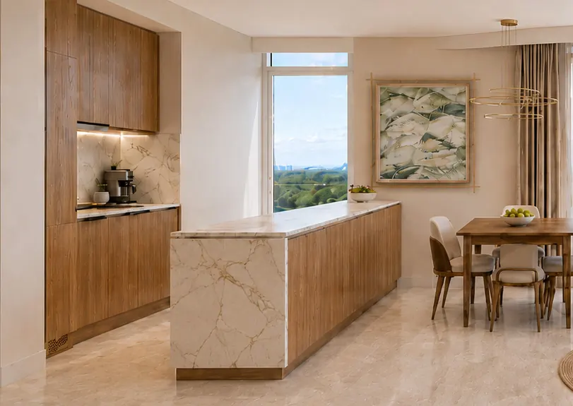 Kitchen and dining area in warm oak and marble