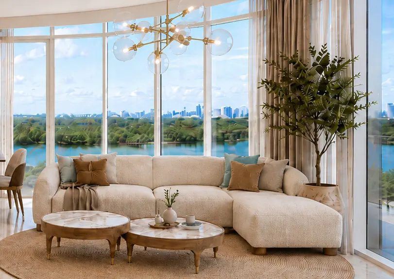 Living room with marble tables and mangrove views
