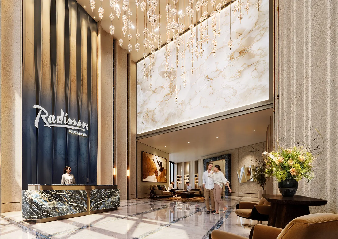 Double-height Radisson lobby with a marble feature wall