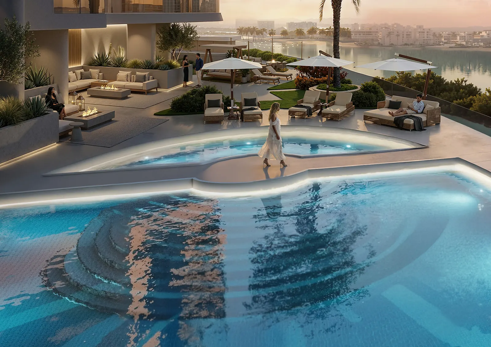 Podium pool deck at golden hour