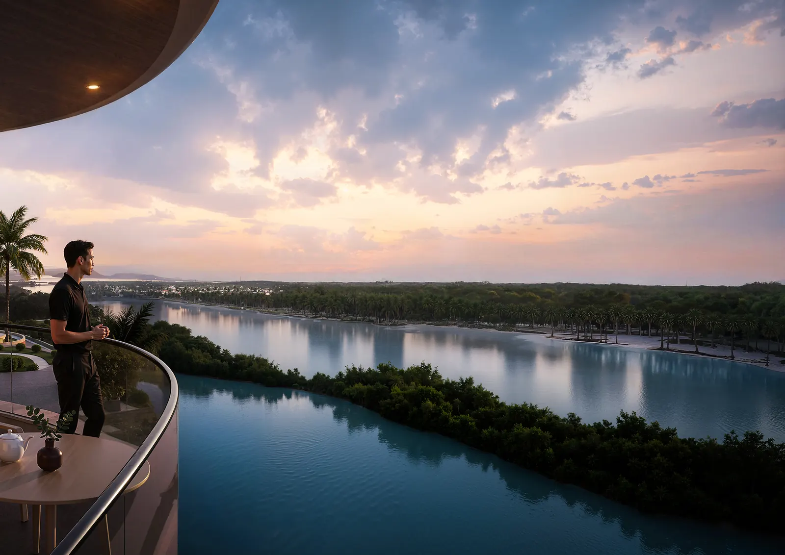 A resident on a balcony looking over the mangrove waterway at sunset
