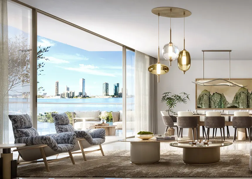 Double-height living and dining room in a 2-bedroom townhouse